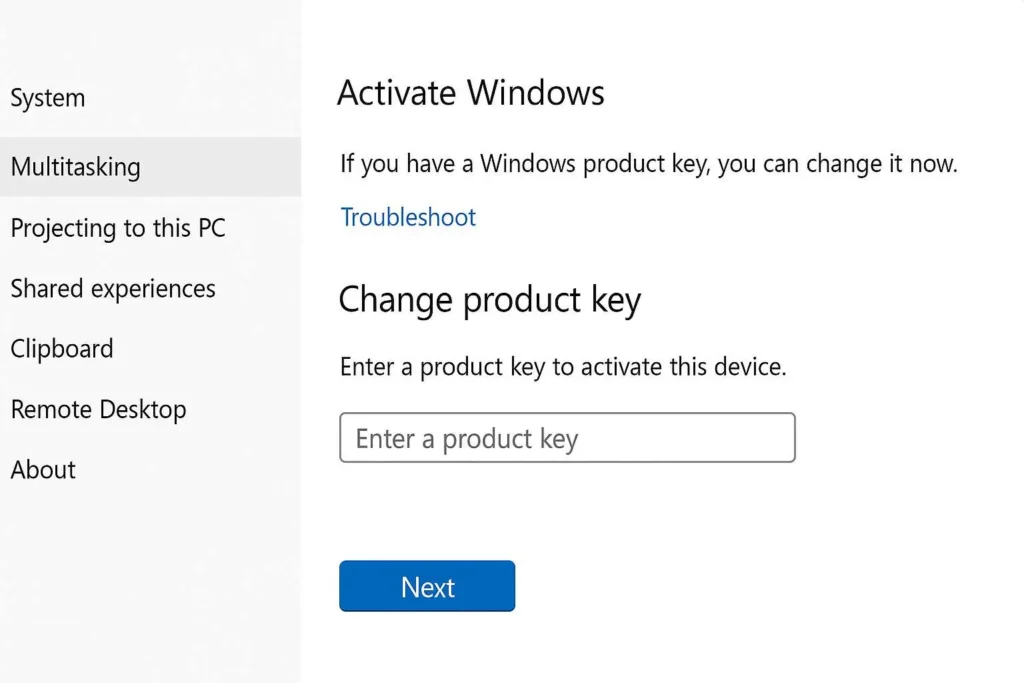 Change product key screen used to transfer a Windows license to a new PC