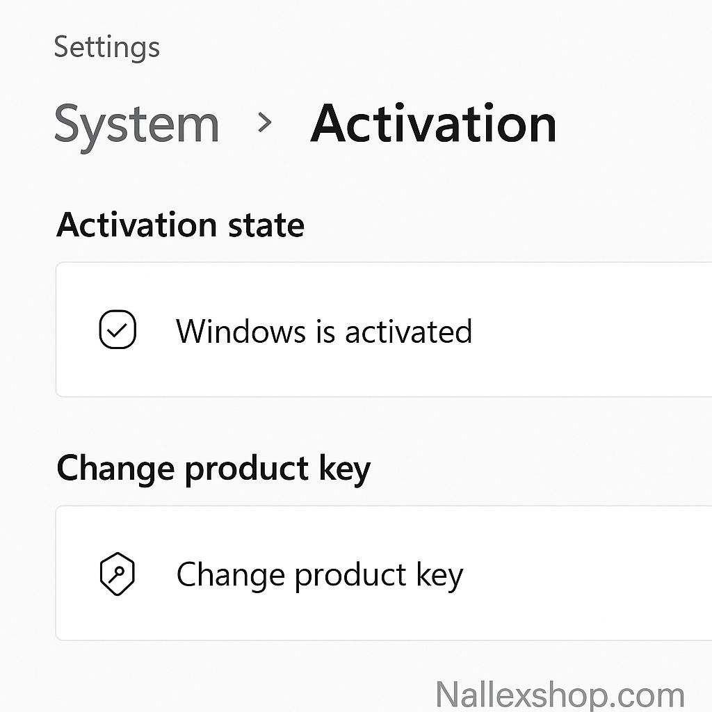 Screenshot of Windows 11 activation settings showing “Change product key” button — verify genuine licenses and avoid fake Windows keys.