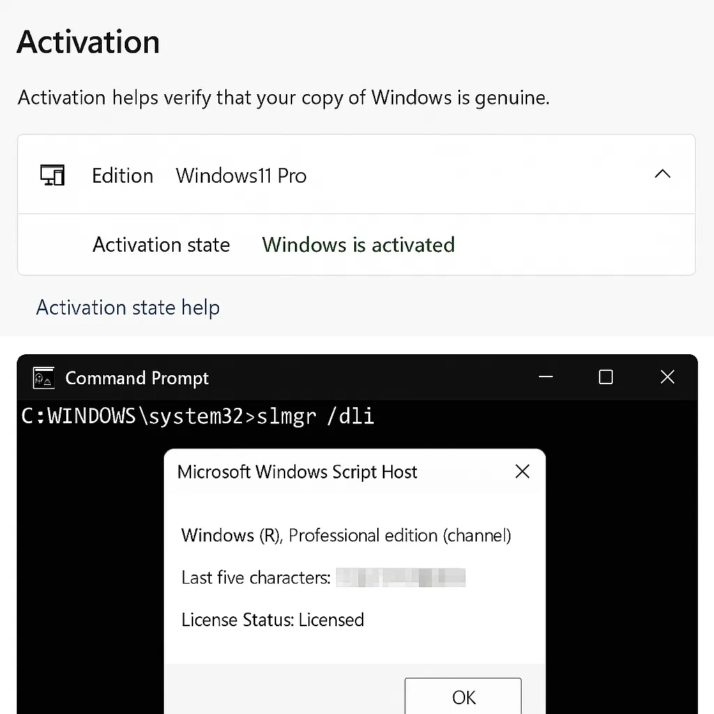 CMD slmgr command and Windows Activation page showing how to check a genuine Windows license – Nallexshop