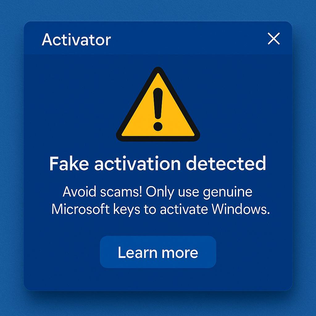 Fake Microsoft Office keys warning showing activator alert and tips to avoid Office key scams