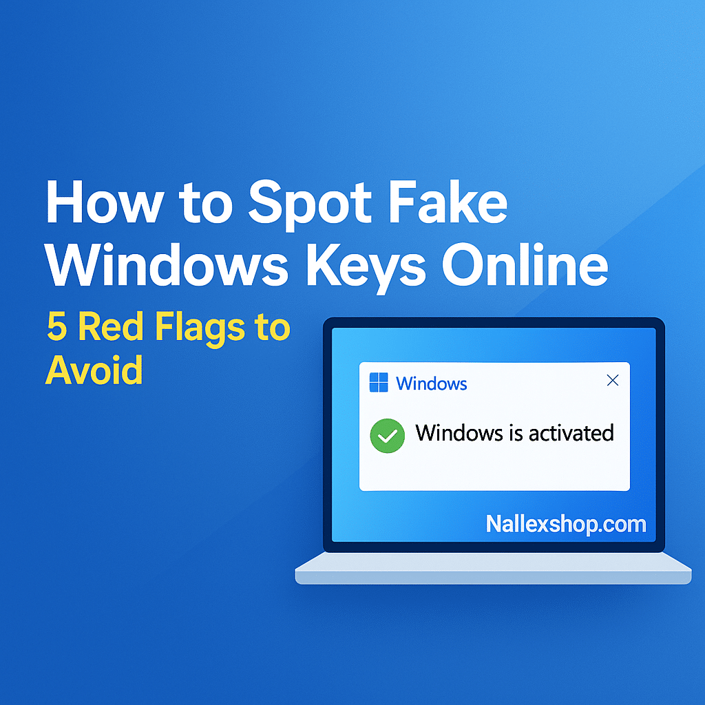 Windows 11 desktop and activation illustration with title “How to Spot Fake Windows Keys Online: 5 Red Flags to Avoid” — featured image for Nallexshop blog post.