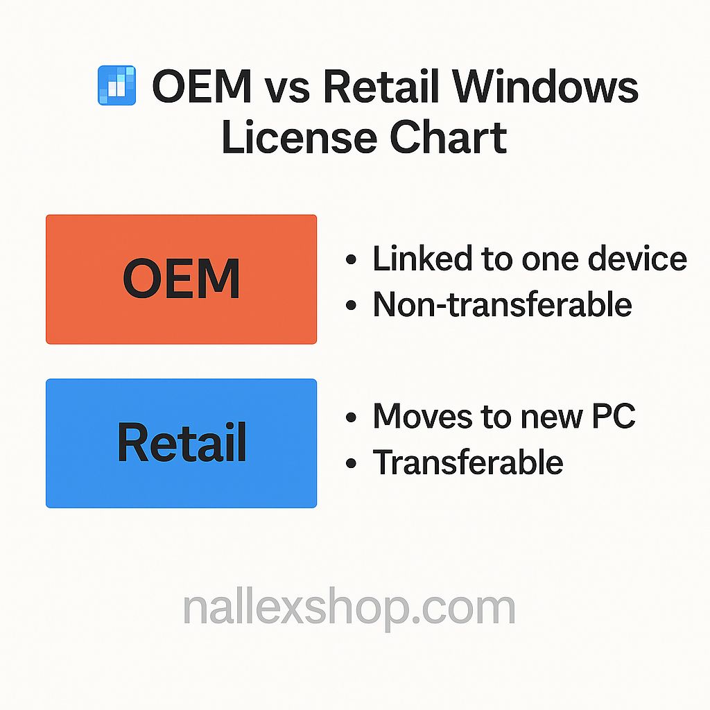 OEM vs Retail Windows license comparison chart showing transferability, support, and pricing — guide to avoid fake Windows keys.