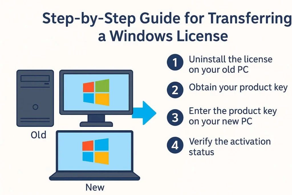 Step-by-step guide showing how to transfer a Windows license from an old PC to a new one