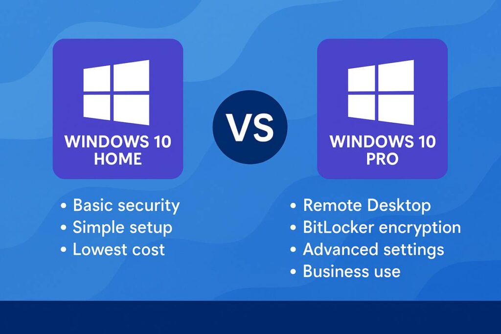 Comparison of Windows 10 Home and Windows 10 Pro features showing security and remote desktop differences