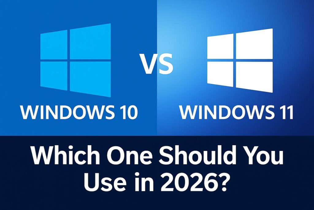 Windows 10 vs Windows 11 comparison graphic showing which version to use in 2026