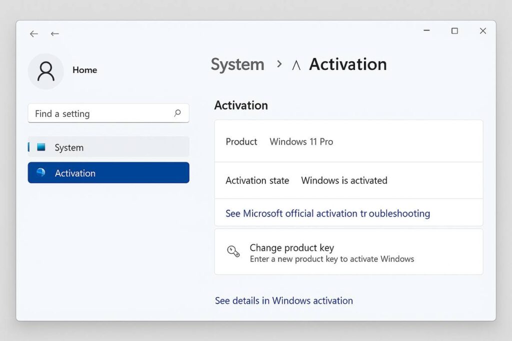 Windows 11 Pro activation settings screen after upgrading from Home