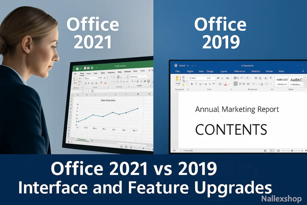 Professional comparison image showing Office 2021 vs Office 2019 differences with Nallexshop watermark