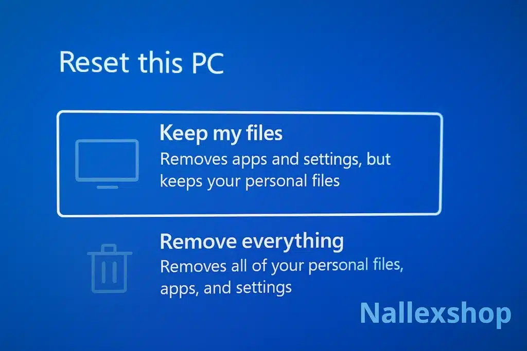 Windows 11 reset screen showing the Keep my files option to safely reset the PC without losing personal data
