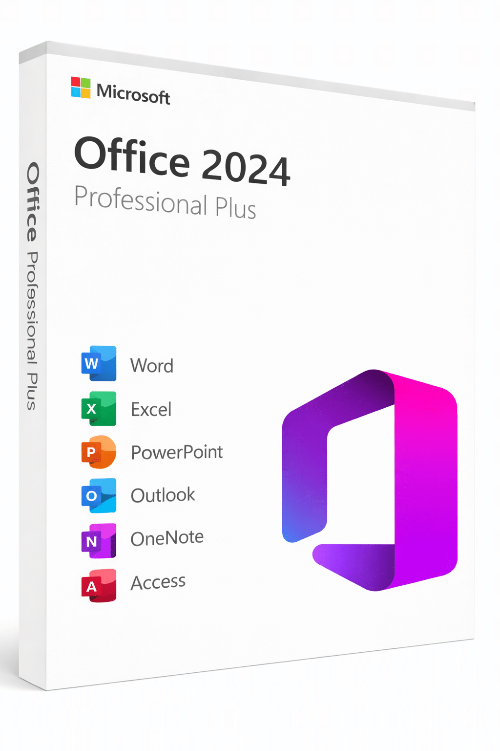 Microsoft Office 2024 Professional Plus box image showing Word, Excel, PowerPoint, Outlook, OneNote and Access apps on product packaging.