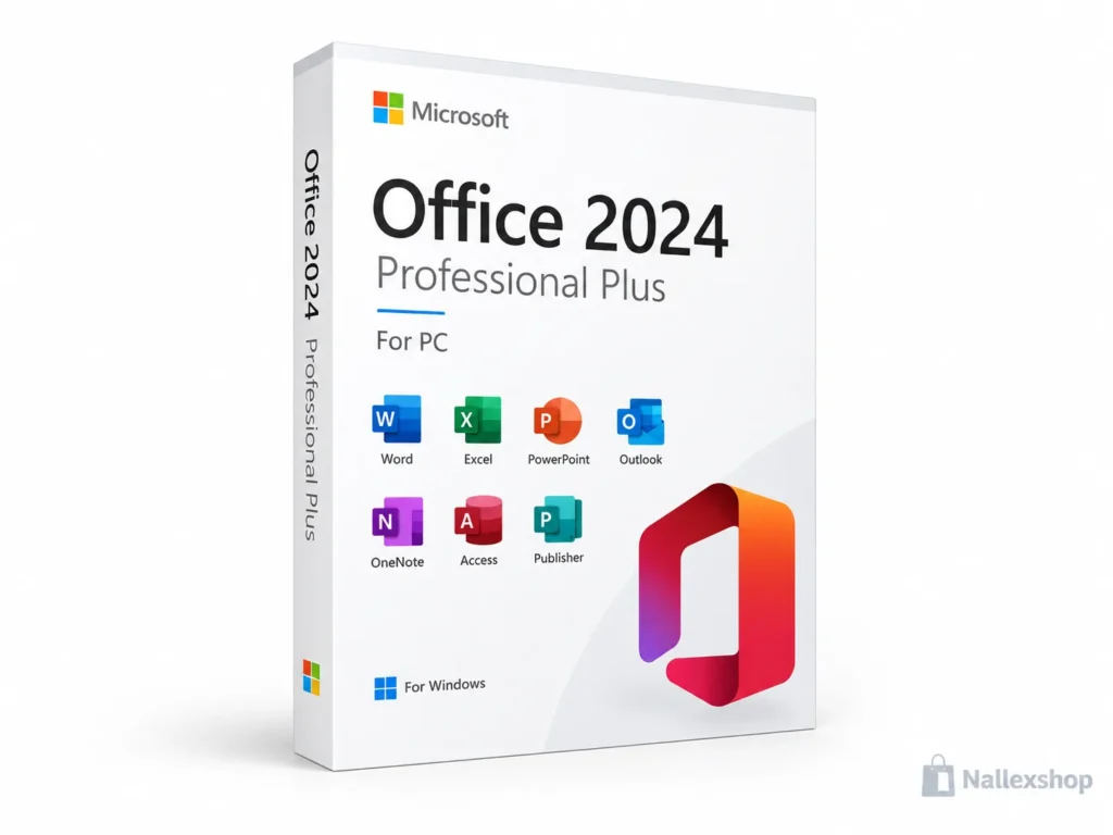 Microsoft Office 2024 Professional Plus box showing Word Excel PowerPoint Outlook OneNote and Access