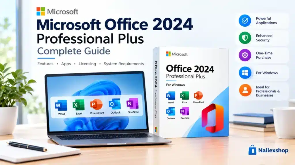 Microsoft Office 2024 Professional Plus complete guide featuring Office apps and product box